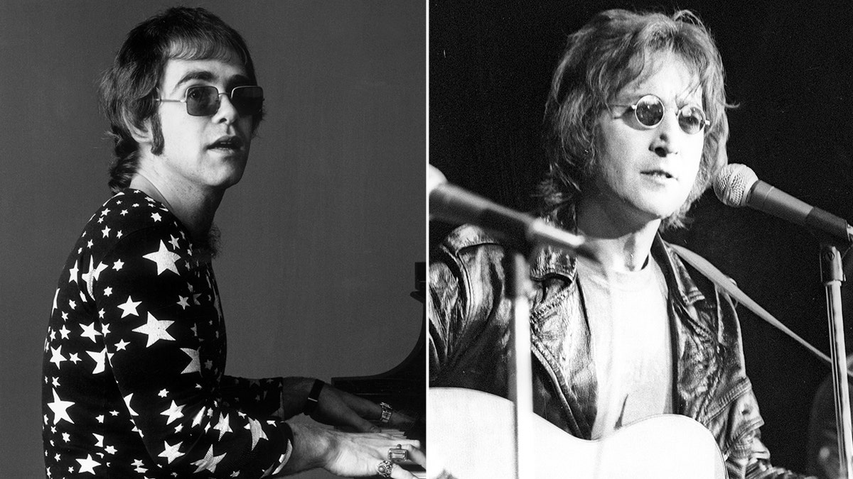 side by side black and white photos of Elton John and John Lennon