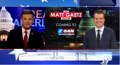 Video still from Real America on One America News Network showing a split screen of the host on the left side, and on the right side is the guest, Matt Gaetz.