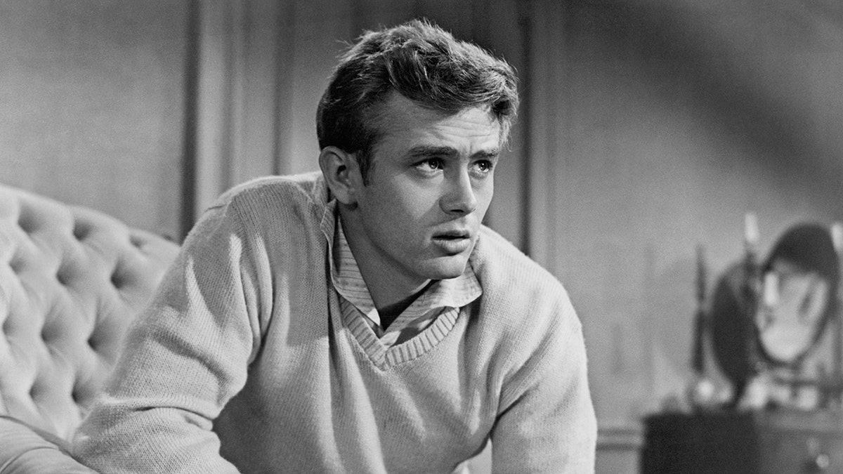 A close-up of James Dean looking pensive in a sweater and collared shirt.