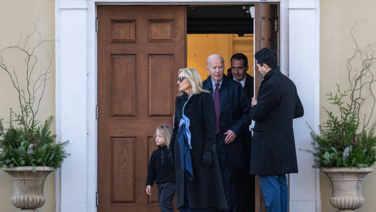 President Biden and first lady Jill Biden depart St. Joseph on the Brandywine after a church service in Wilmington, Delaware, on Dec. 18, 2024. Biden attended a memorial service Wednesday commemorating the 52nd anniversary of the death of his first wife and daughter in a traffic accident. (Getty Images)