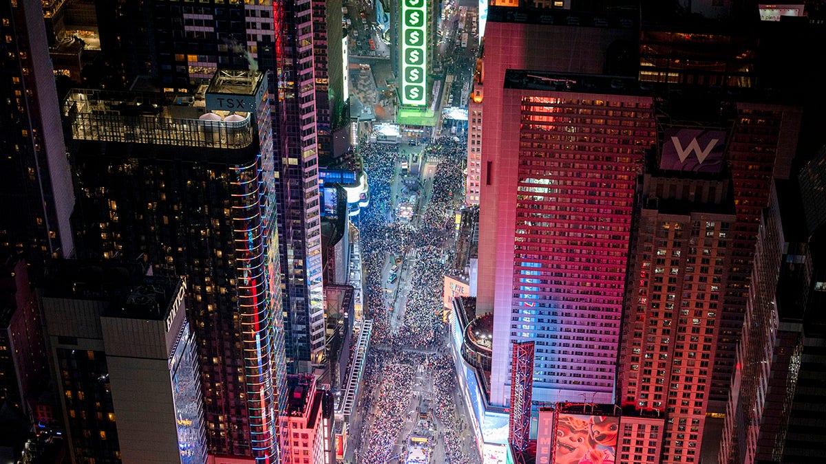 Aerial of Times Square on New Years Eve 2023-2024