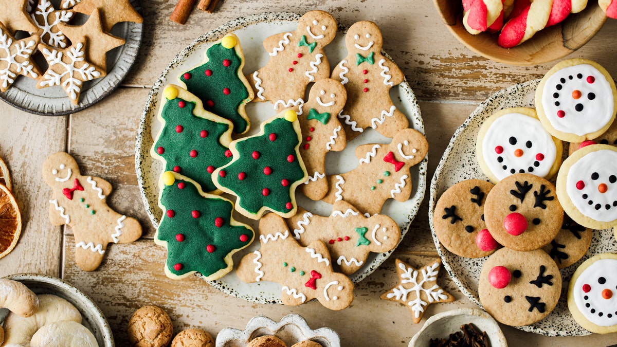 High angle view of variety of gingerbread cookies presented on festive table for Christmas celebration.