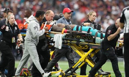 Dolphins’ Grant DuBose needs jersey cut off, leaves game on stretcher after scary hit vs Texans