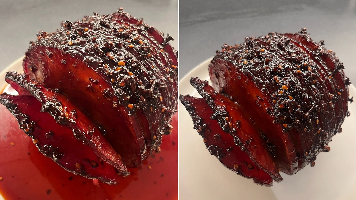 This split image provides a closer look at chef Buddha Lo's holiday honey, soy and chili glazed ham.