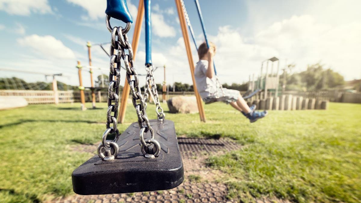 Boy sits alone on park swing