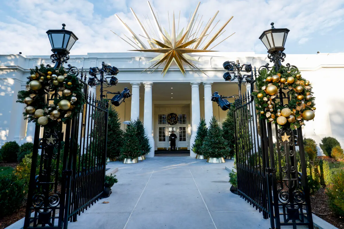 Holiday decorations are seen surrounding the East Wing entrance of the White House during a media preview of the 2024 holiday decorations in Washington, DC on Dec. 02, 2024. (Anna Moneymaker/Getty Images)