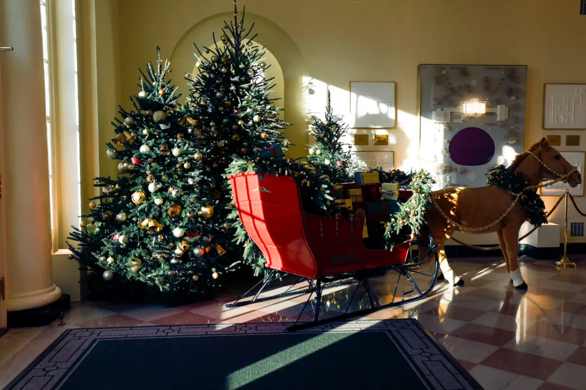 A a three-dimensional horse-drawn sleigh is seen in the East Garden Room during a media preview of the 2024 holiday decorations at the White House in Washington, DC on Dec. 02, 2024. (Anna Moneymaker/Getty Images)