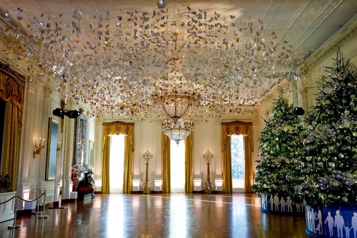 Holiday decorations are seen in the East Room during a media preview of the 2024 holiday decorations at the White House in Washington, DC on Dec. 02, 2024. (Anna Moneymaker/Getty Images)