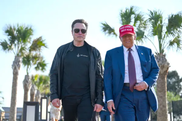 President-elect Donald Trump greets Elon Musk (L) as he arrives to attend a viewing of the launch of the sixth test flight of the SpaceX Starship rocket in Brownsville, Texas, on Nov. 19, 2024. (Brandon Bell/Getty Images)