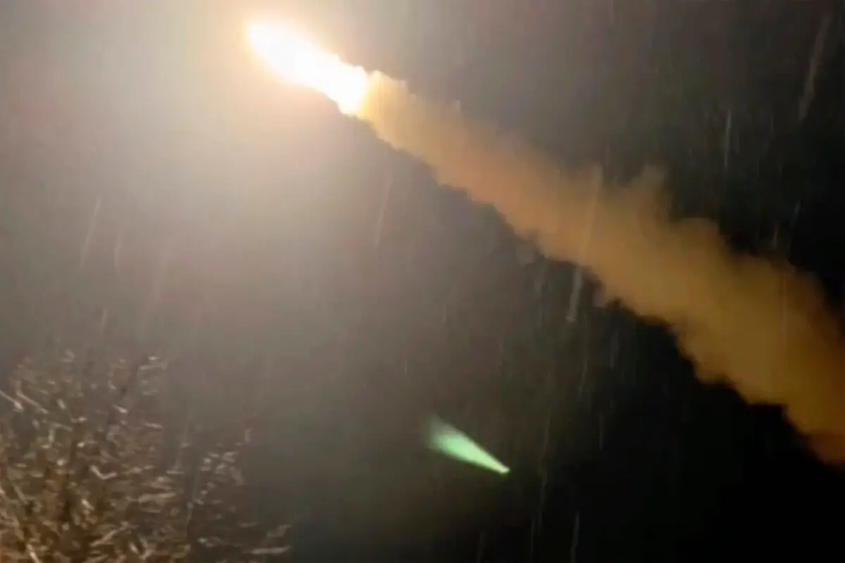 This image was made from a video posted by a Telegram channel affiliated with the Ukrainian military on Tuesday, Nov. 19, 2024. The channel says it shows a U.S.-supplied ATACMS missile being fired from an undisclosed location in Ukraine.  (Lachen Pyshe Telegram via AP)