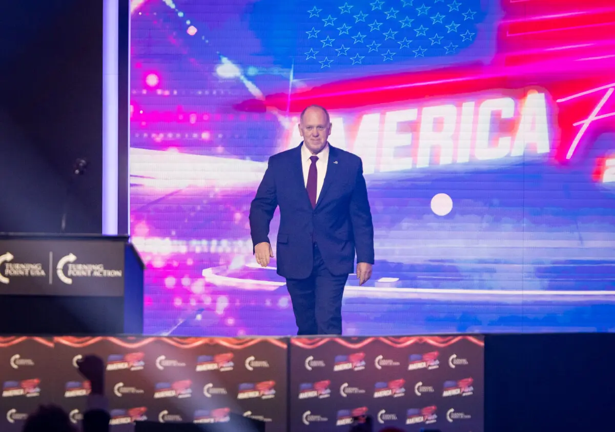 Tom Homan speaks at AmericaFest, hosted by Turning Point in Phoenix, Ariz., on Dec. 22, 2024. (John Fredricks/The Epoch Times)