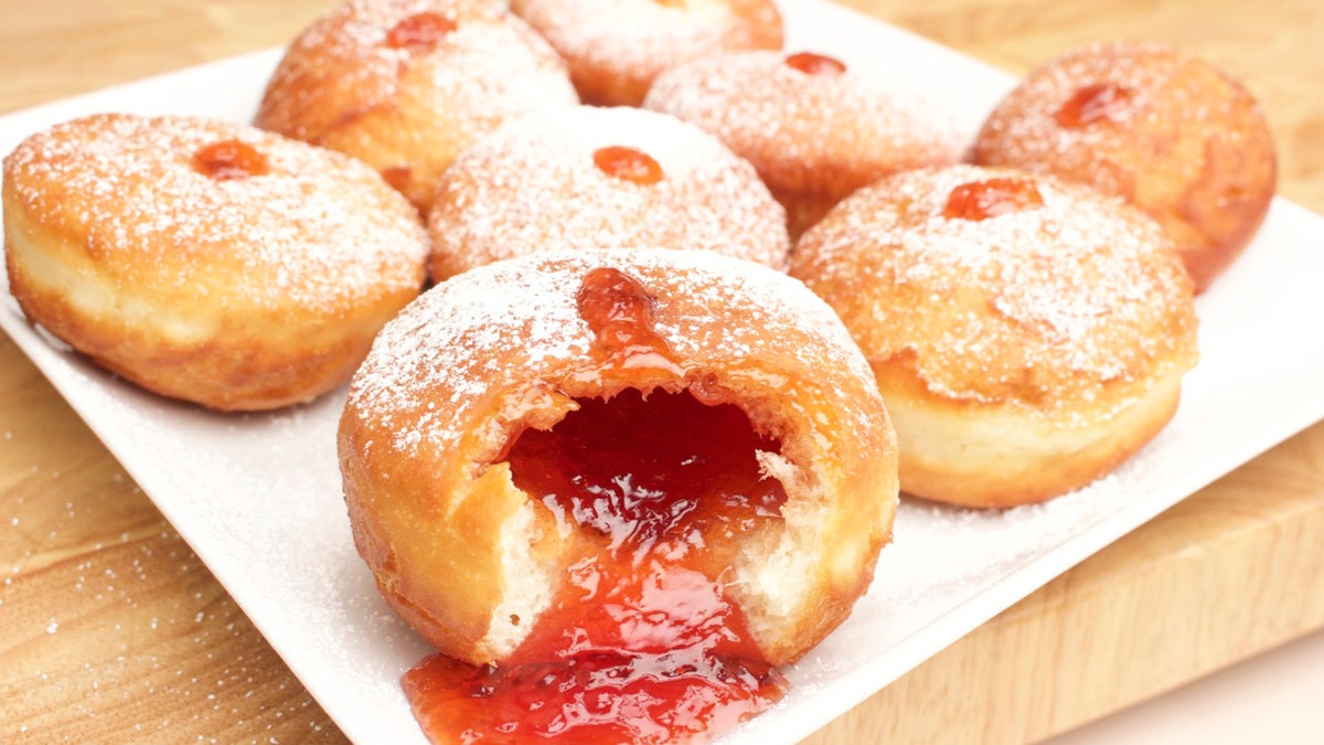 Sufganiyot, a Jewish version of a jelly doughnut.