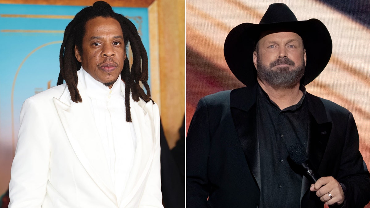 Jay-Z walks red carpet wearing white suit, Garth Brooks wears black hat while holding a microphone