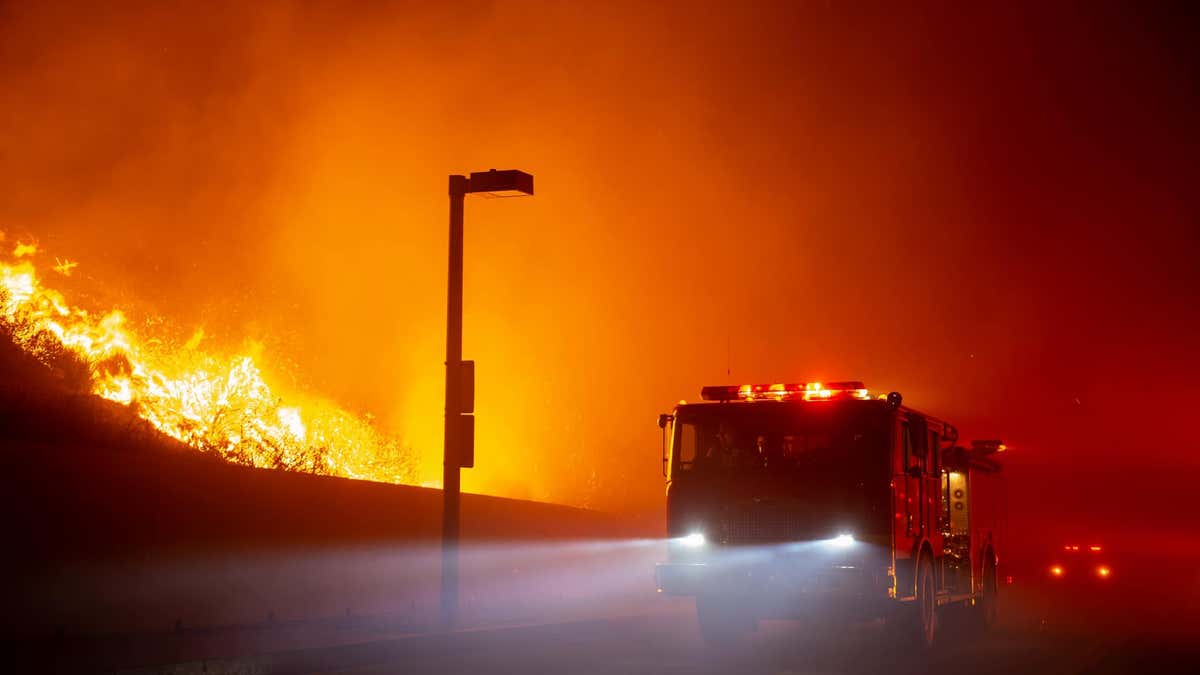 Fire engine on closed road in Malibu