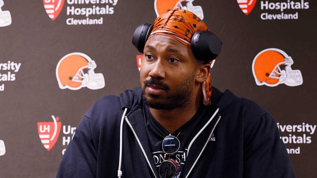 Myles Garrett talks to reporters