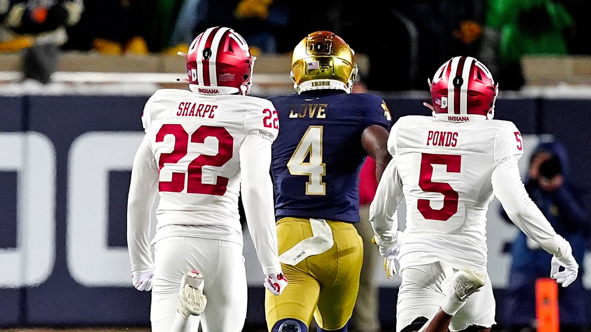 FILE: Notre Dame Fighting Irish running back Jeremiyah Love (4) breaks a 98 yard run for a touchdown against the Indiana Hoosiers on December 20, 2024, during the CFP First Round playoff game at Notre Dame Stadium in South Bend, Indiana. 