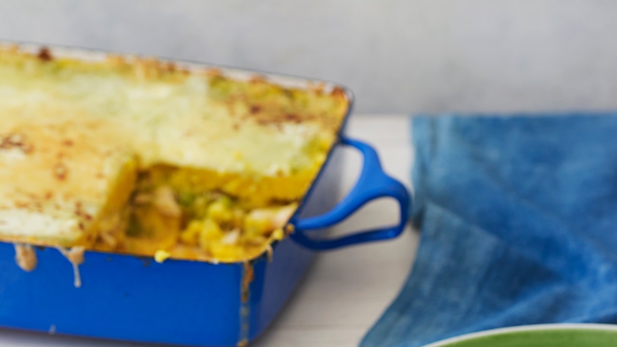 Tamal casserole in casserole dish. 