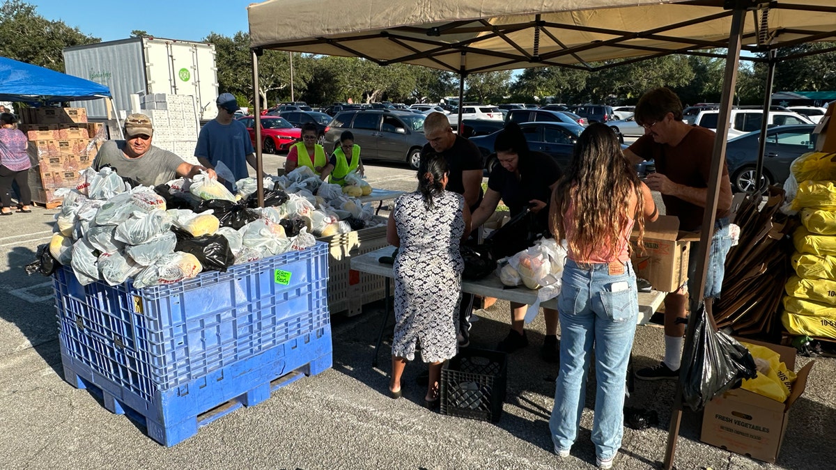 Volunteers sort bags of food before the Place of Hope drive-thru food distribution.