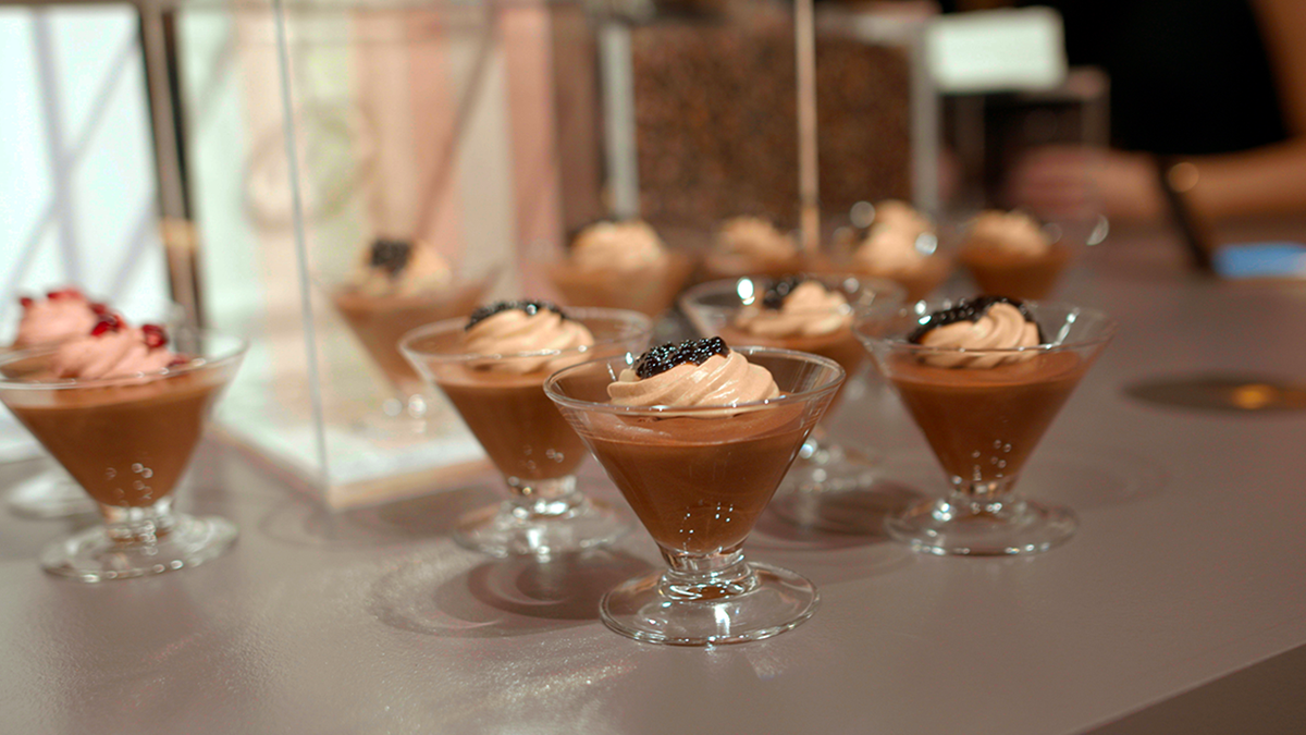 Chocolate mousse presented in small martini glasses created by Chef Paul.