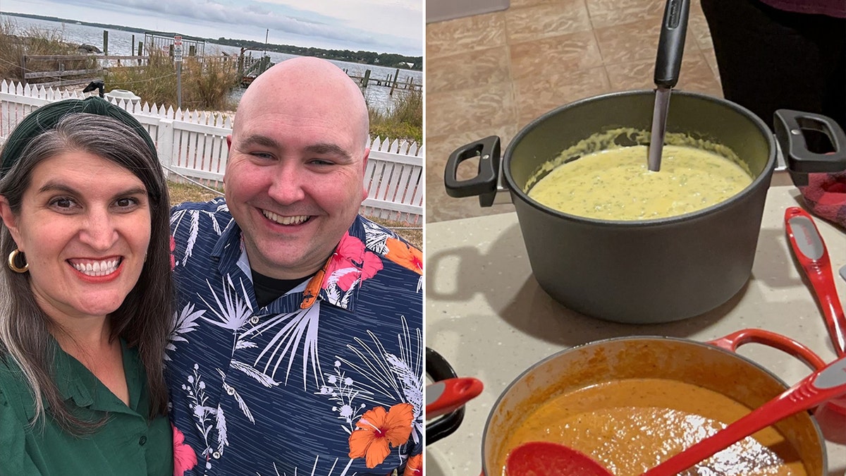 Rob Shepherd and his wife, Monica, are all smiles in a photo, left. Shepherd's wife came up with the idea of a holiday soup potluck party, right.