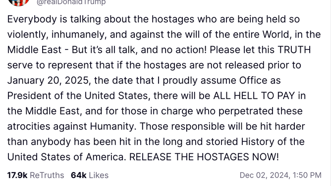 Donald Trump releases statement on the American hostages held by Hamas. (Credit: Donald Trump/Truth Social)