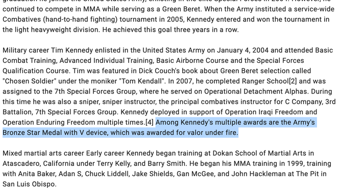 Tim Kennedy's IMDB bio claims he has 