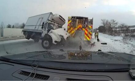 Wild dashcam video shows out-of-control truck slam into first responder vehicles on side of icy highway