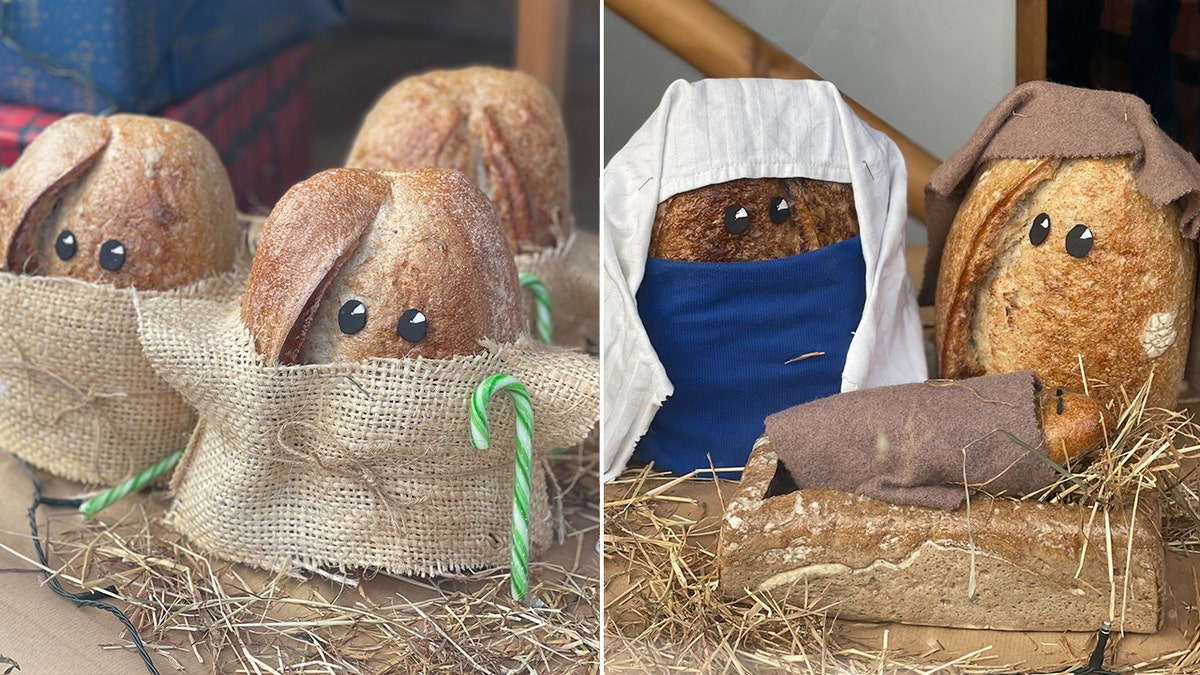 The shepherds are actually loaves of sourdough bread with candy canes as decorative props. Mary and Joseph are also made out of sourdough.