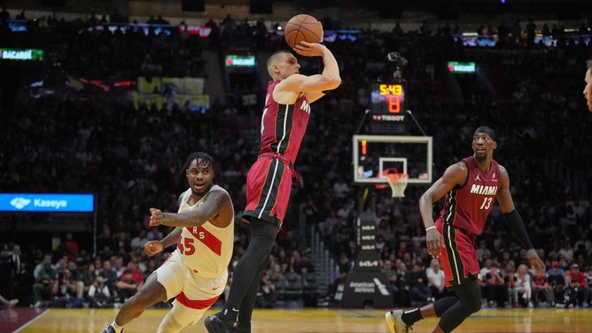 Miami Heat SG Tyler Herro chucking a 3-pointer vs. the Toronto Raptors in the 2024 NBA Cup at Kaseya Center. (Jim Rassol-Imagn Images)