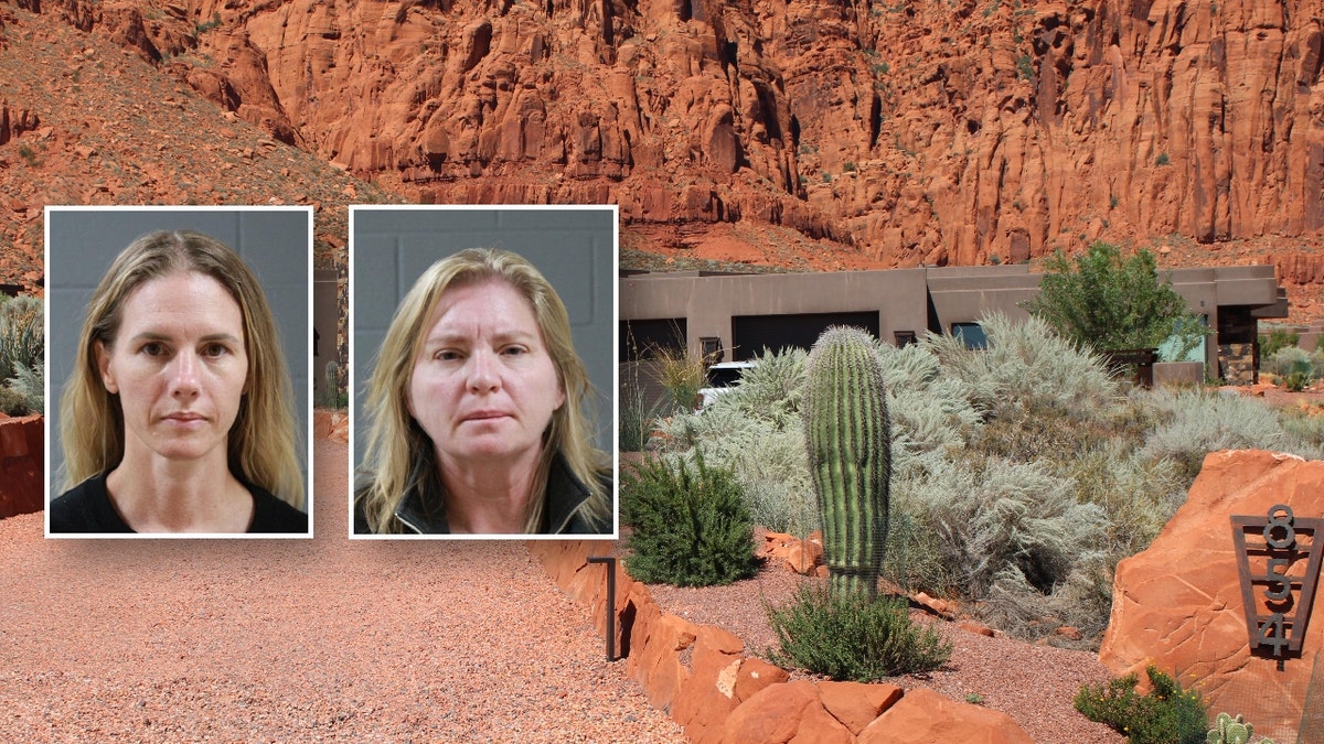 Jodi Hildebrant's and Ruby Franke's mugshots above a photo of Hildebrantd's Ivins, Utah, home