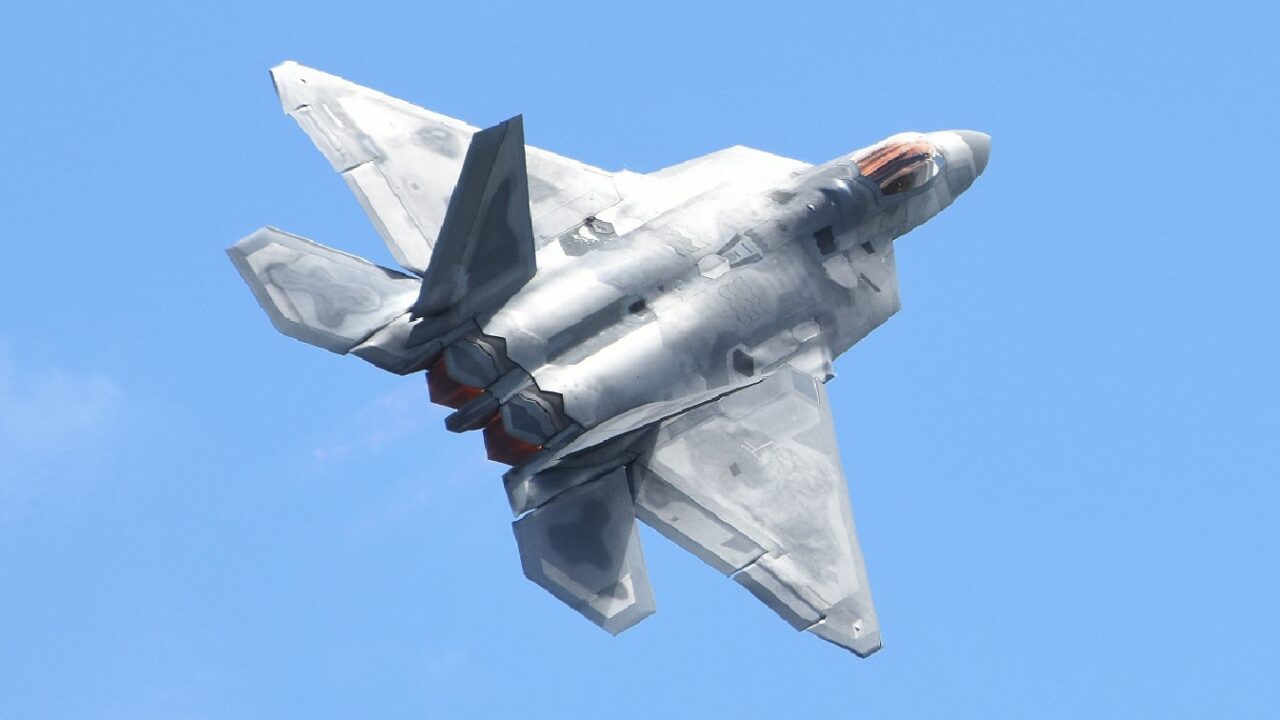 U.S. Air Force Maj. Paul Lopez, F-22 Demo Team commander, performers aerial maneuvers July 14, 2019, at the “Mission Over Malmstrom” open house event on Malmstrom Air Force Base, Mont. The team flies at airshows around the globe, performing maneuvers that demonstrate the capabilities of the fifth-generation fighter aircraft. The two-day event, featured performances by aerial demonstration teams, flyovers, and static displays. (U.S. Air Force photo by Airman 1st Class Jacob M. Thompson)