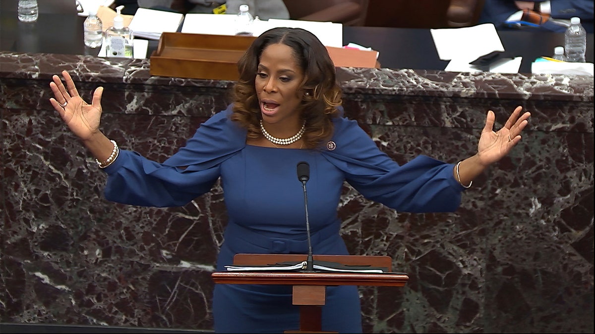 In this image from video, Del. Stacey Plaskett, D-Virgin Islands, speaks during the second impeachment trial of former President Donald Trump in the Senate at the U.S. Capitol in Washington, Wednesday, Feb. 10, 2021. (Senate Television via AP)