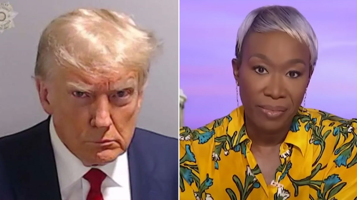 Joy Reid next to Trump's mugshot