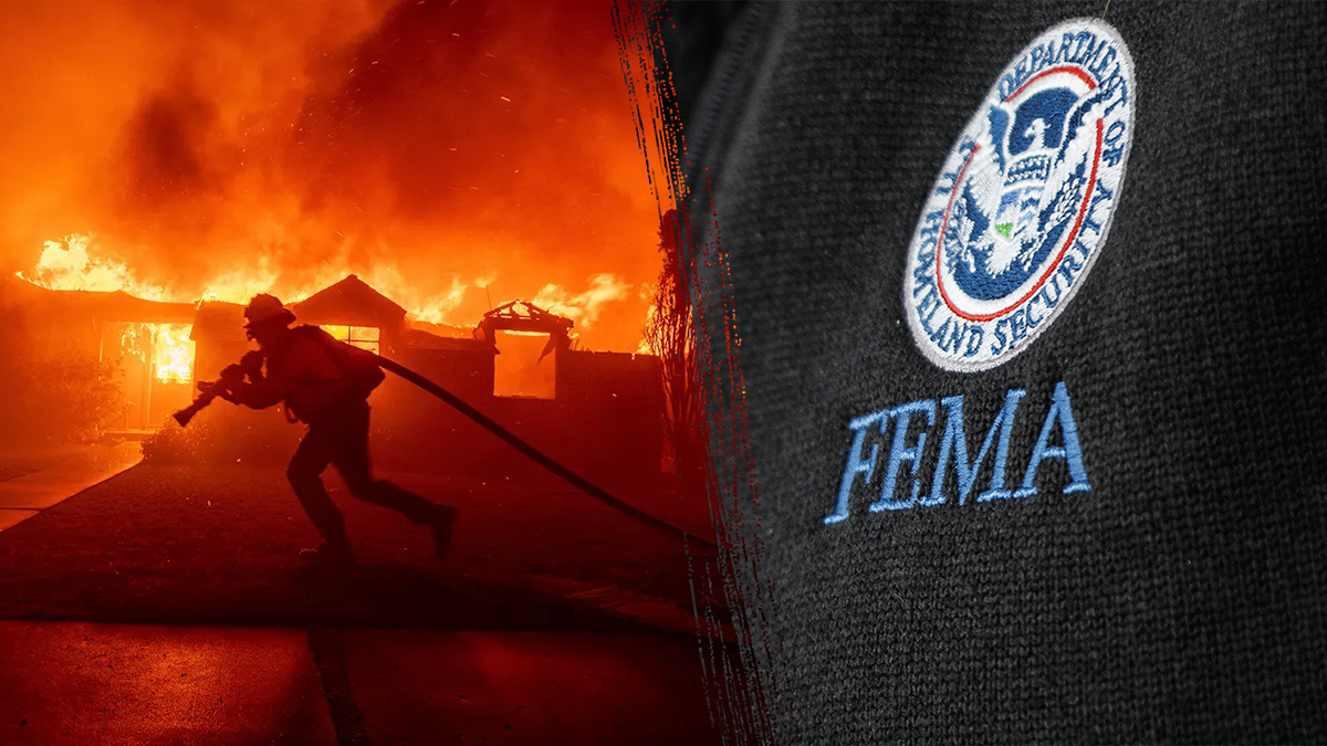 FEMA's logo alongside an image of a California firefighter battling the raging wildfire hitting the southern part of the state. 