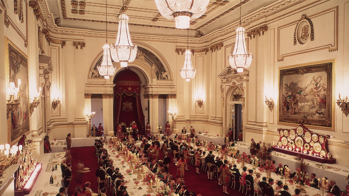 An aerial view of a state banquet at Buckingham Palace