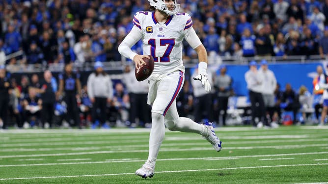 Josh Allen of the Buffalo Bills drops back to pass in the second quarter against the Detroit Lions at Ford Field on December 15, 2024, in Detroit, Michigan.