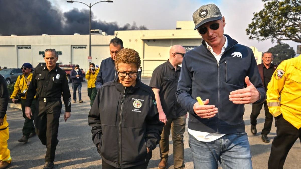 Los Angeles Mayor Karen Bass chats with California Gov. Gavin Newsom