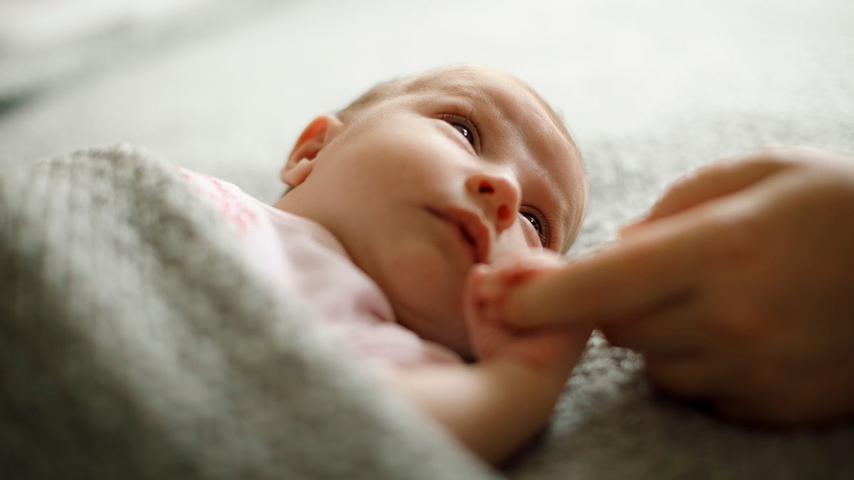 Newborn baby holding mother's hand