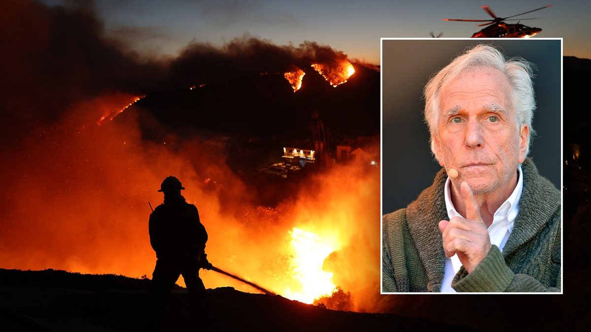 Henry Winkler, inset; firefighter battles blaze