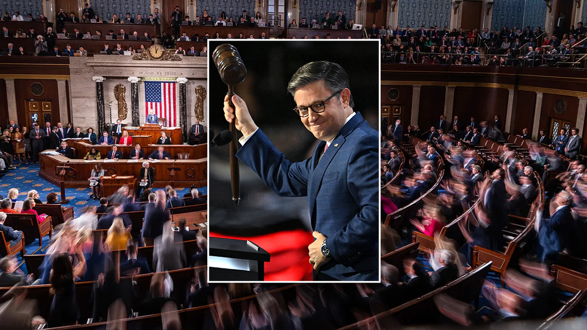 inset: Johnson with gavel; main image: House of Representatives chamber with members in it