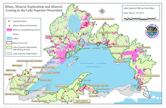 Twin Metals Minnesota's proposed $1.7 billion, 25,000-acre copper-nickel mine (in lower left side of panel) seeks to tap into vast deposits of hard rock minerals on the Canada and United States sides of Lake Superior. (Great Lakes Indian Fish and Wildlife Commission)