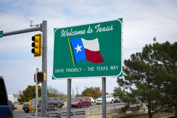 A “Welcome to Texas” sign near the U.S.–Mexico port of entry in Eagle Pass, Texas, on Feb. 29, 2024. (Charlotte Cuthbertson/The Epoch Times)