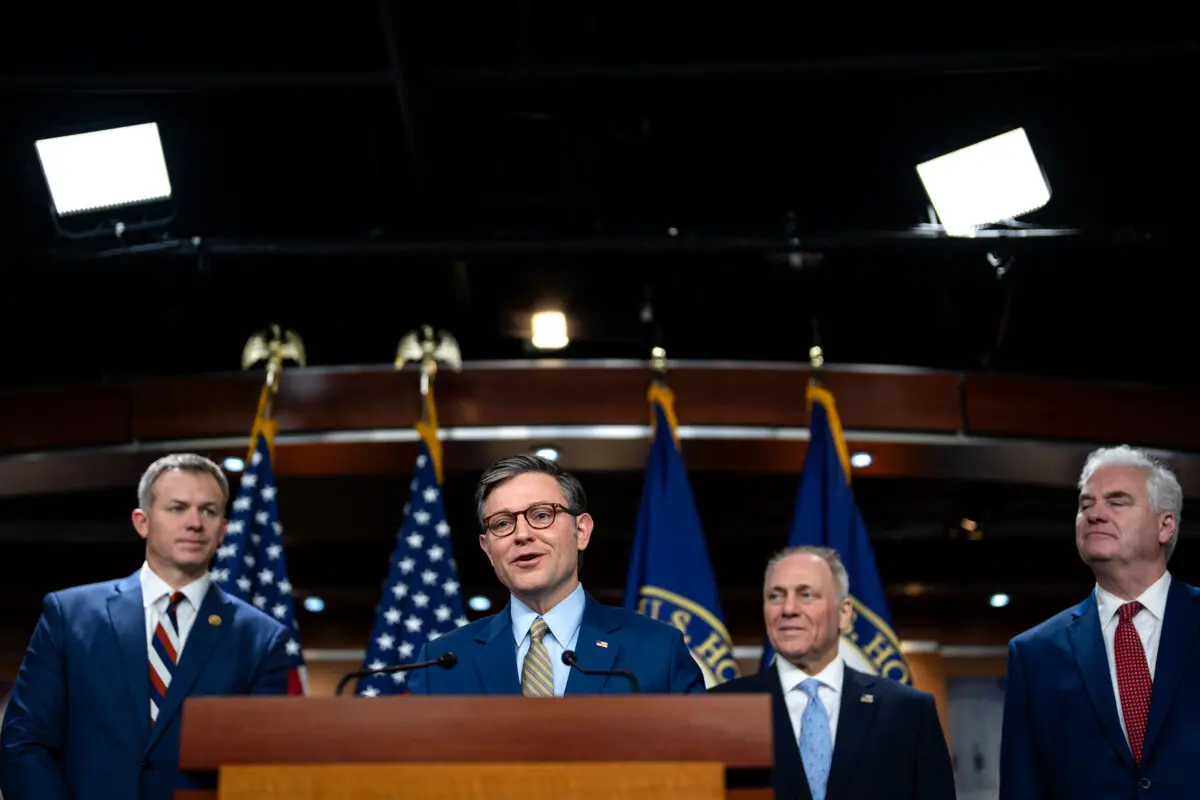 Speaker of the House Mike Johnson (R-La.) is flanked by (L-R) Rep. Blake Moore (R-Utah), Rep. Steve Scalise (R-La.), and Rep. Tom Emmer (R-Minn.) during a news conference on Capitol Hill on Dec. 10, 2024. (Kent Nishimura/Getty Images)