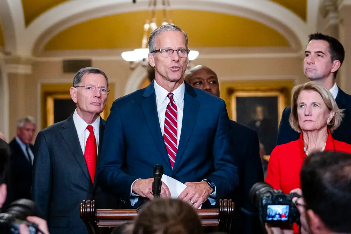 Incoming Senate Majority Leader Sen. John Thune (R-S.D.) after the Senate Republican leadership election in Washington on Nov. 13, 2024. (Madalina Vasiliu/The Epoch Times)