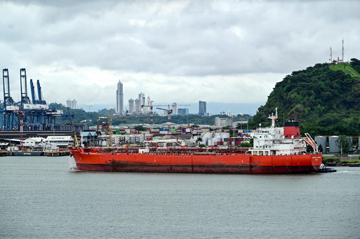 A tanker ship enters the Panama Canal from the Pacific side on Oct. 25, 2024. (Martin Bernetti/AFP via Getty Images)