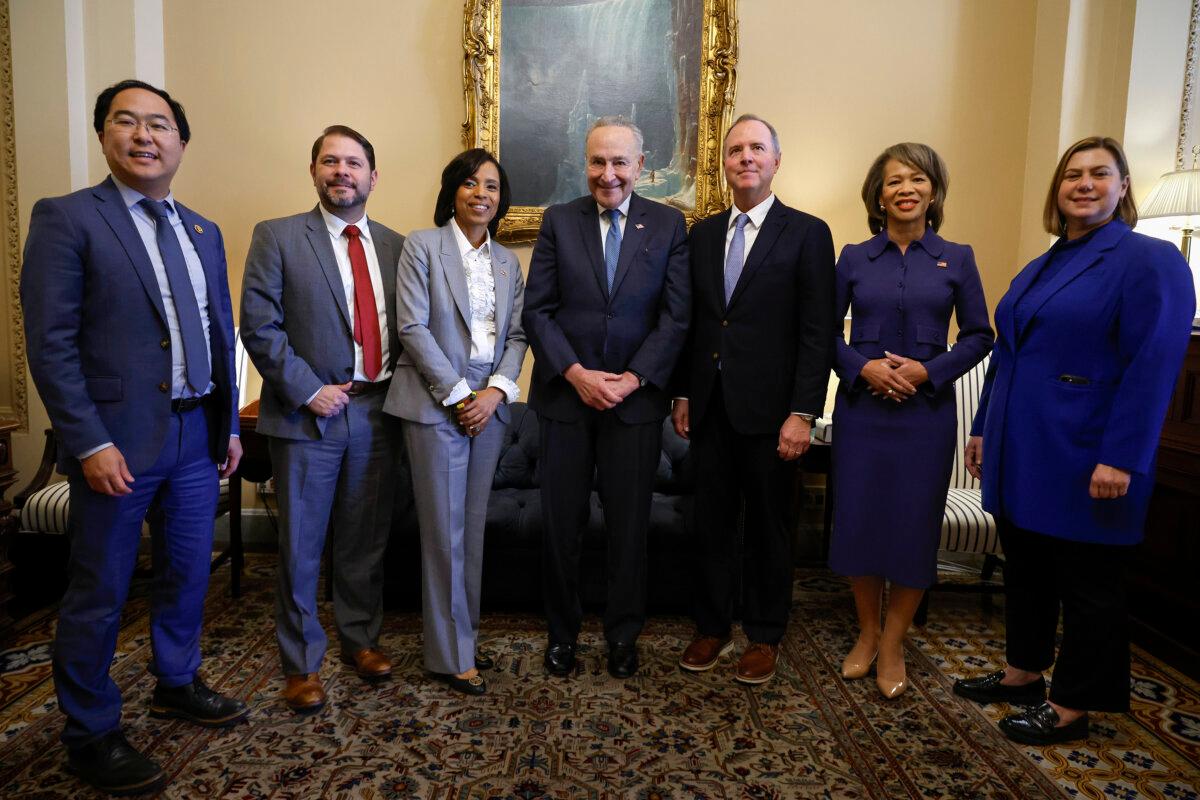 Senate Majority Leader Charles Schumer (D-N.Y.) (C) meets with newly elected Democratic Senators (L-R) Andy Kim (D-N.J.), Ruben Gallego (D-Ariz.), Angela Alsobrooks (D-Md.) Adam Schiff (D-Calif.) Lisa Blunt Rochester (D-Del.) and Elissa Slotkin (D-Mich.) at the U.S. Capitol on Nov. 12, 2024, in Washington. (Chip Somodevilla/Getty Images)