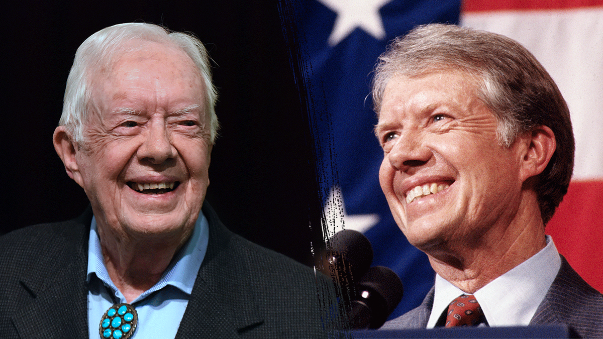 Jimmy Carter photo split as older man, left; and president, right