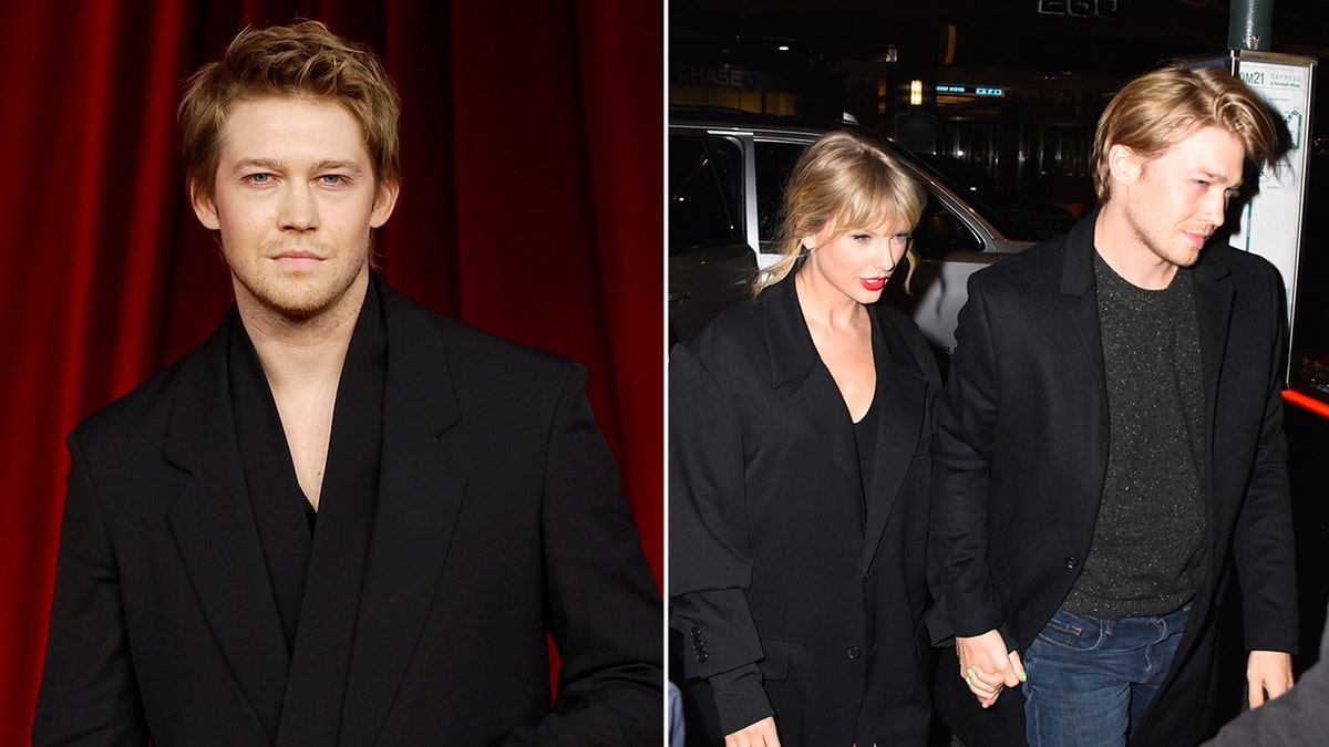 Side by side photos of Joe Alwyn solo and Taylor Swift and Joe Alwyn walking hand in hand