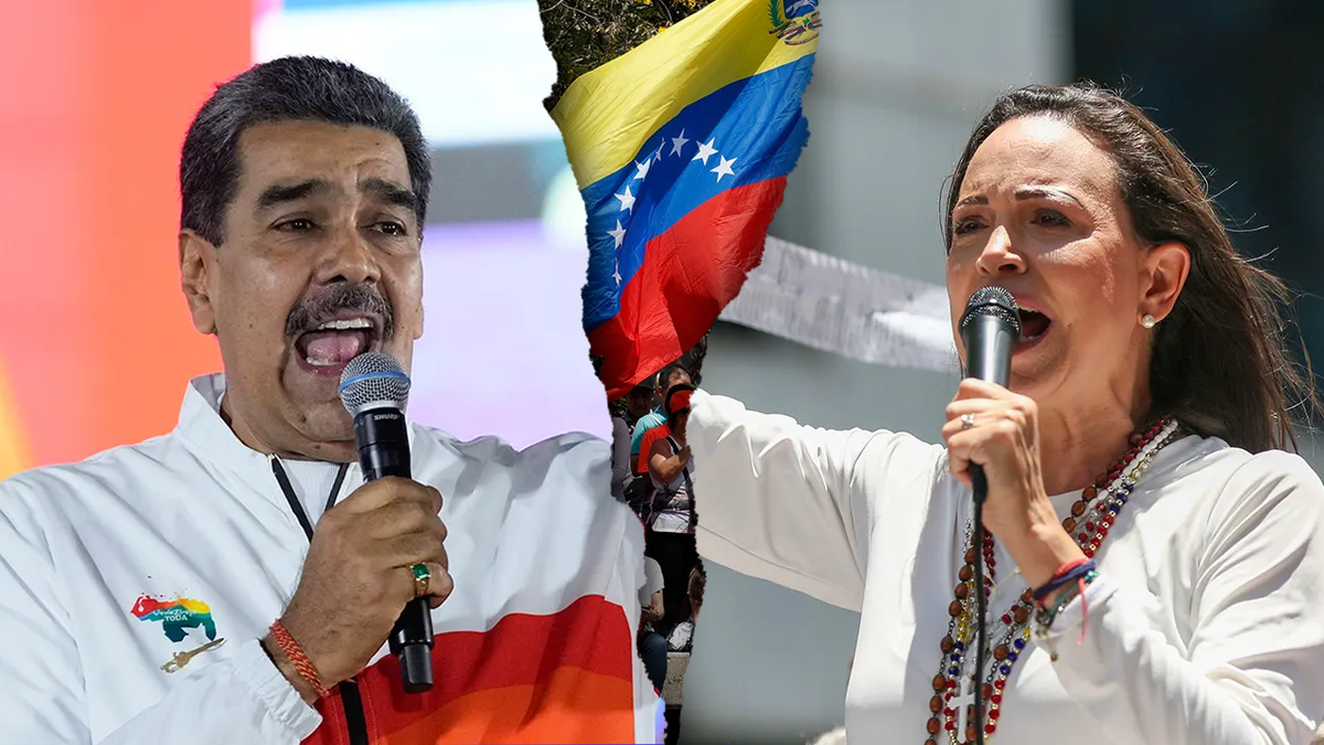 President of Venezuela Nicolás Maduro, left, anti-Maduro protesting holding Venezuelan flag, center, and opposition leader María Corina Machado, right