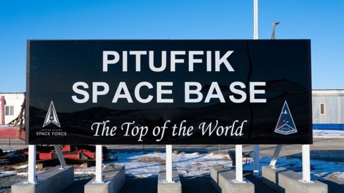 The new Pituffik Space Base sign showcased at the headquarters building at Pituffik Space Base, Greenland, April 6, 2023. Pituffik, previously known as Thule Air Base, was renamed April 6, 2023.